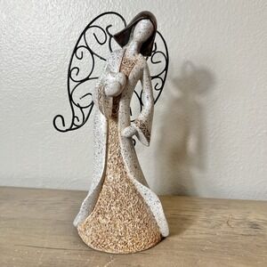 Angel‎ Figurine Holding Heart with Scroll Metal Wings Stone Look 9" Tall *READ